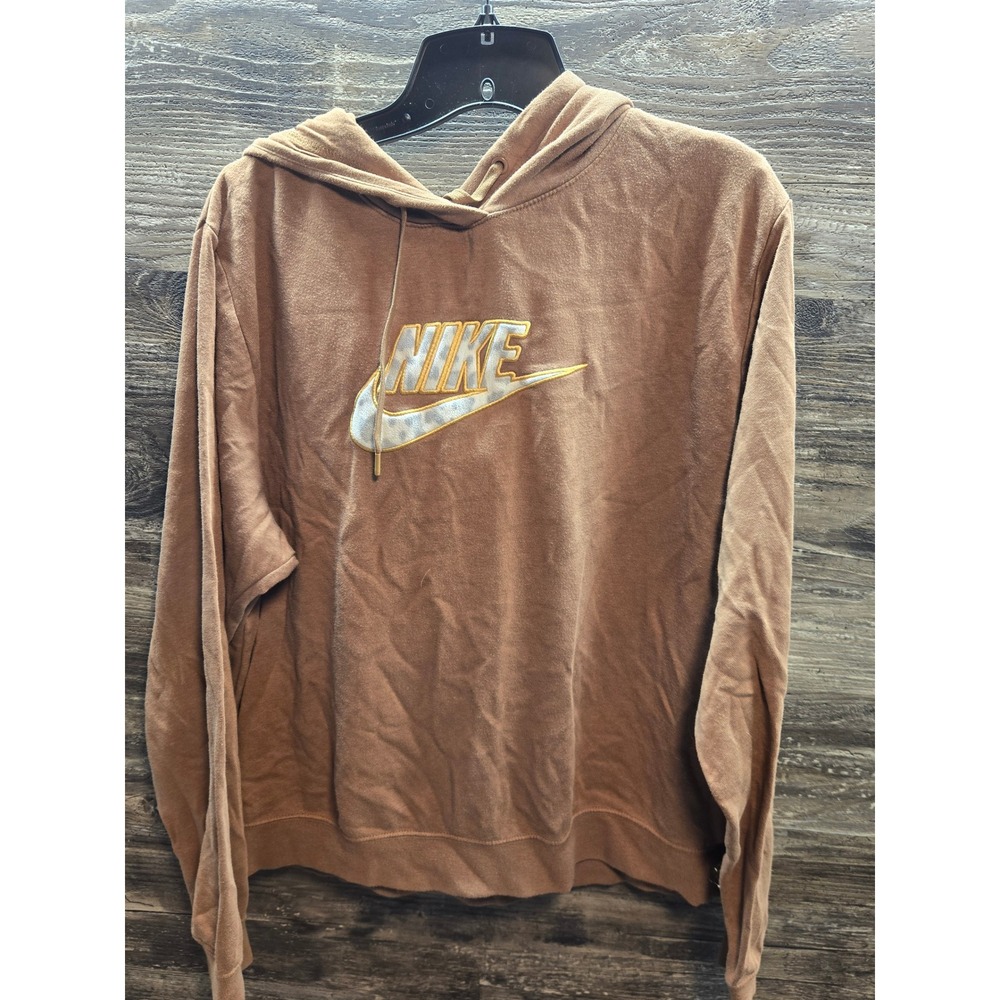 Nike Womens Brown‎ Leopard Print Logo Fleece Hoodie Sweatshirt Medium Brown Gold